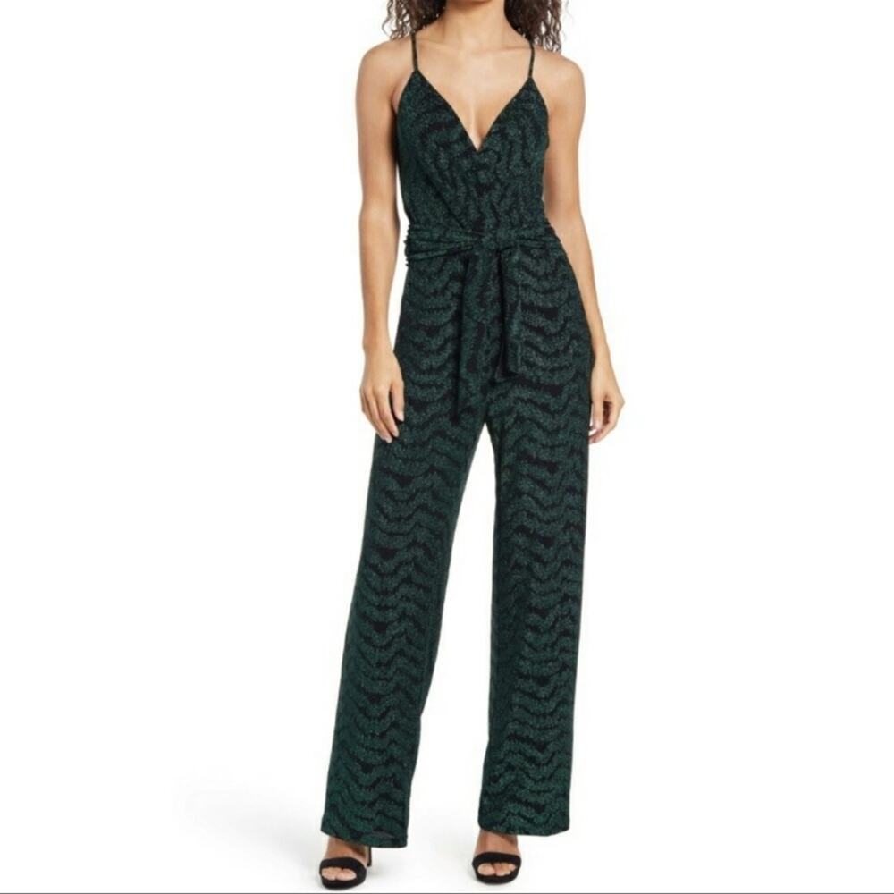 SAYLOR Ediola Sparkly Chevron Print Green Black Sleeveless Jumpsuit Womens Small